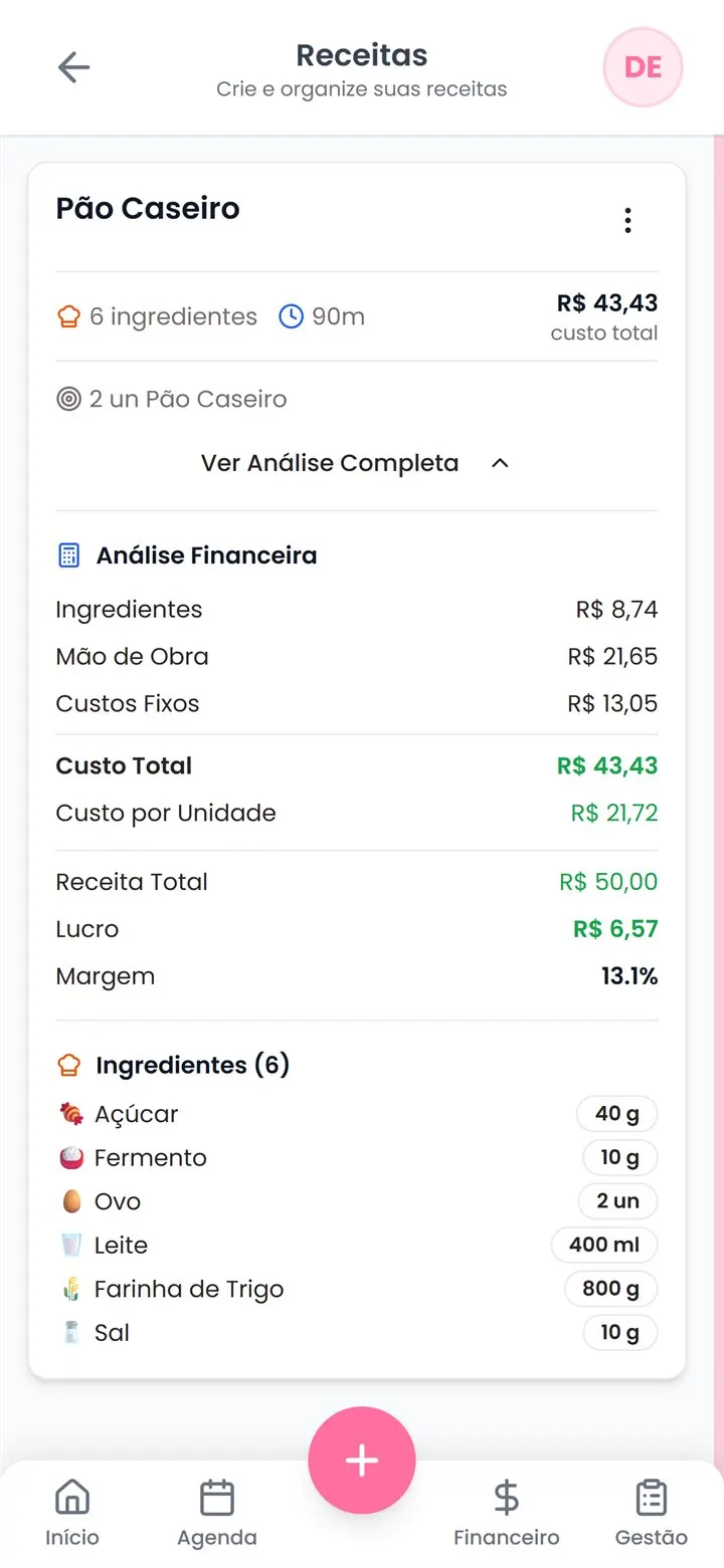 Tela de custo de receitas do app Dora