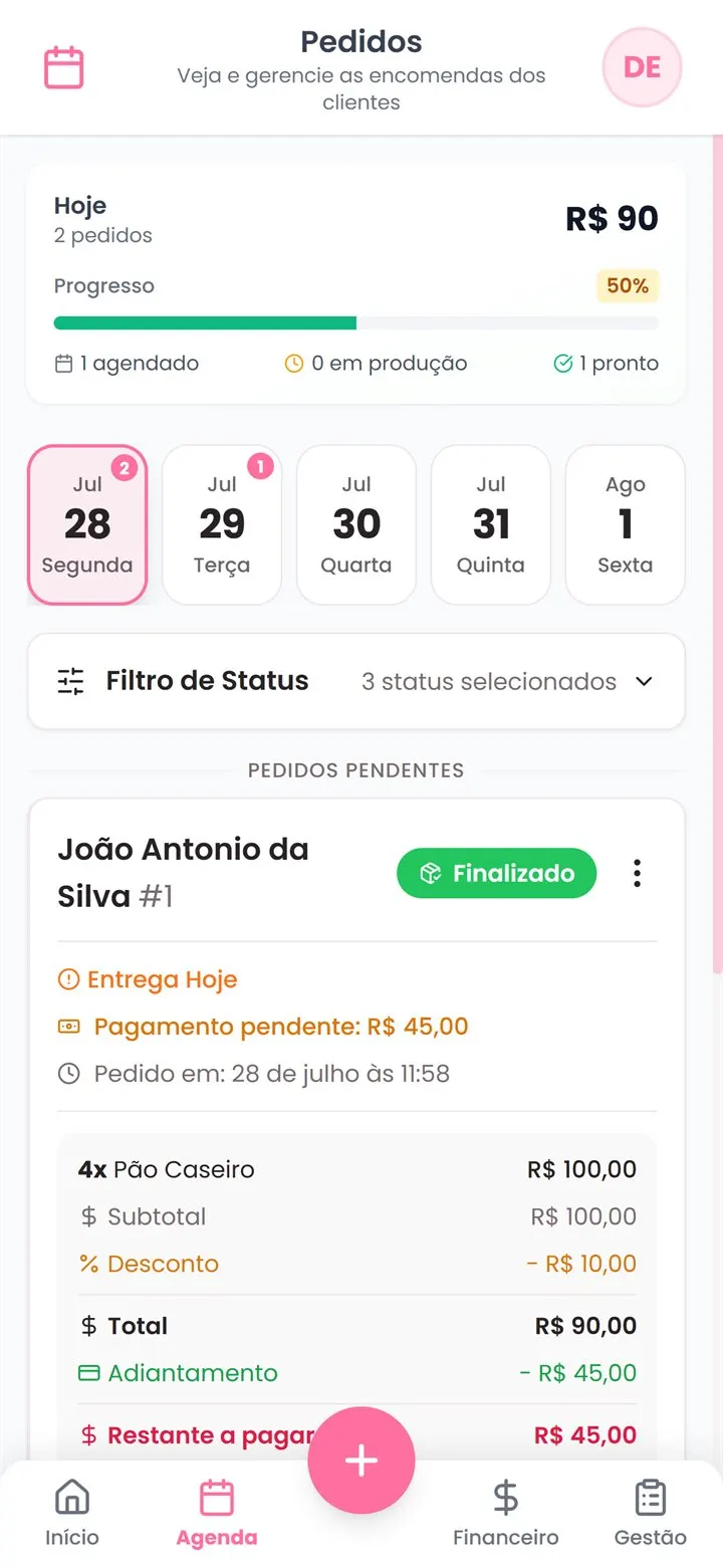 Tela de encomendas do app Dora
